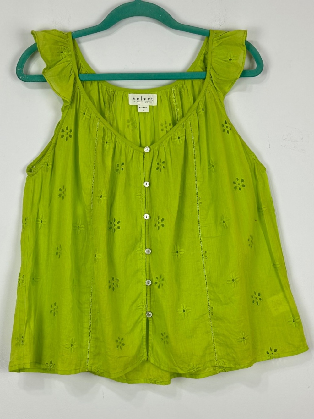 Velvet by Graham and Spencer Women's Chartreuse Flutter Tank Top L Beach Boho